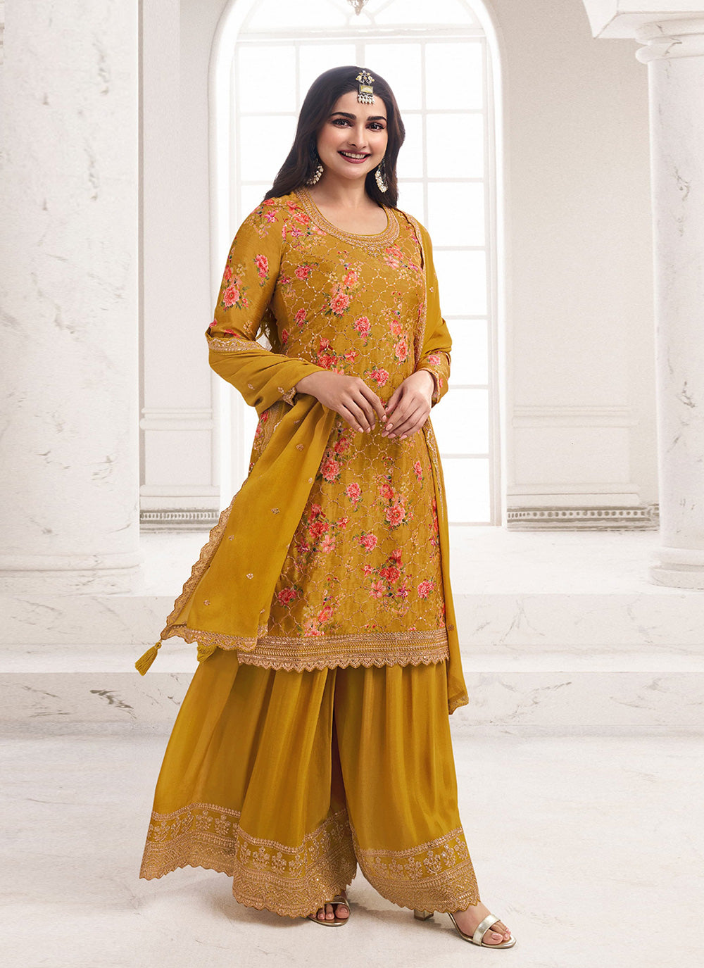 Yellow Embroidered Work Chinon Palazzo Salwar Suit