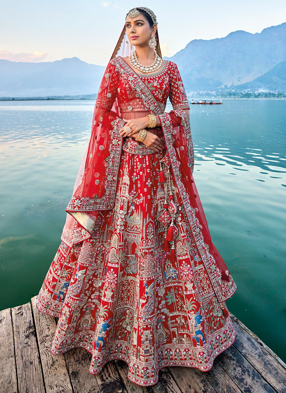 Buy Red satin embroidery bridal lehenga choli at