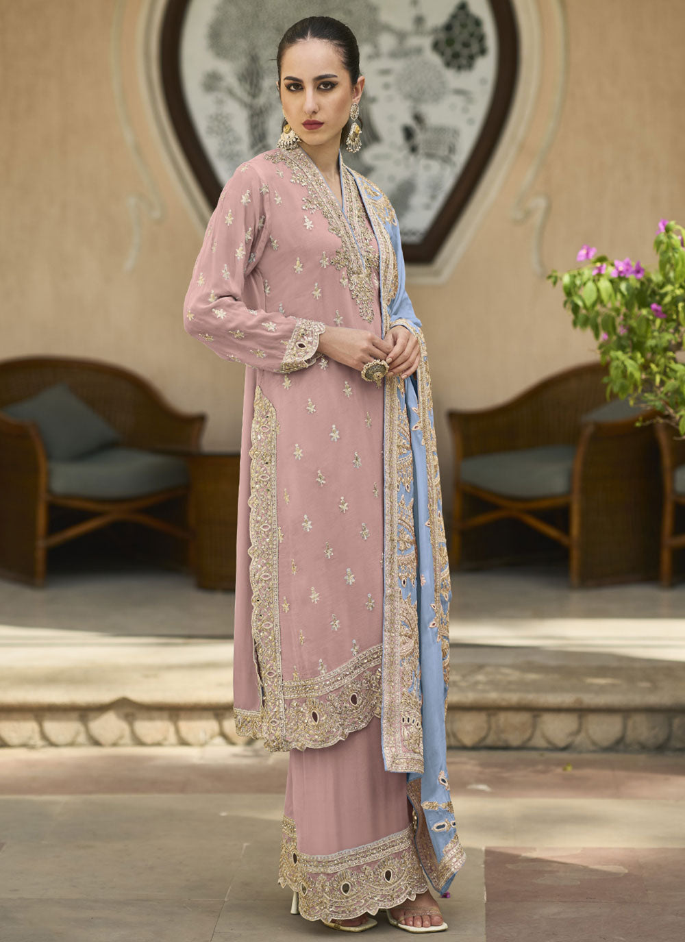Peach Pure Chiffon Readymade Salwar Suit With Embroidered And Sequins Work For Ceremonial