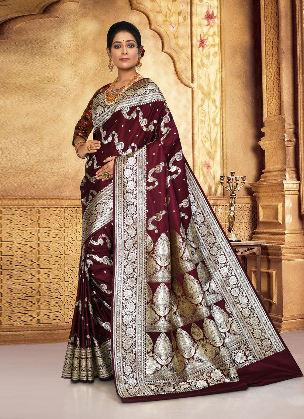 Traditional Wedding Wear Wine Color Jacquard Work Smooth Silk Plus Size  Saree - 7082174203