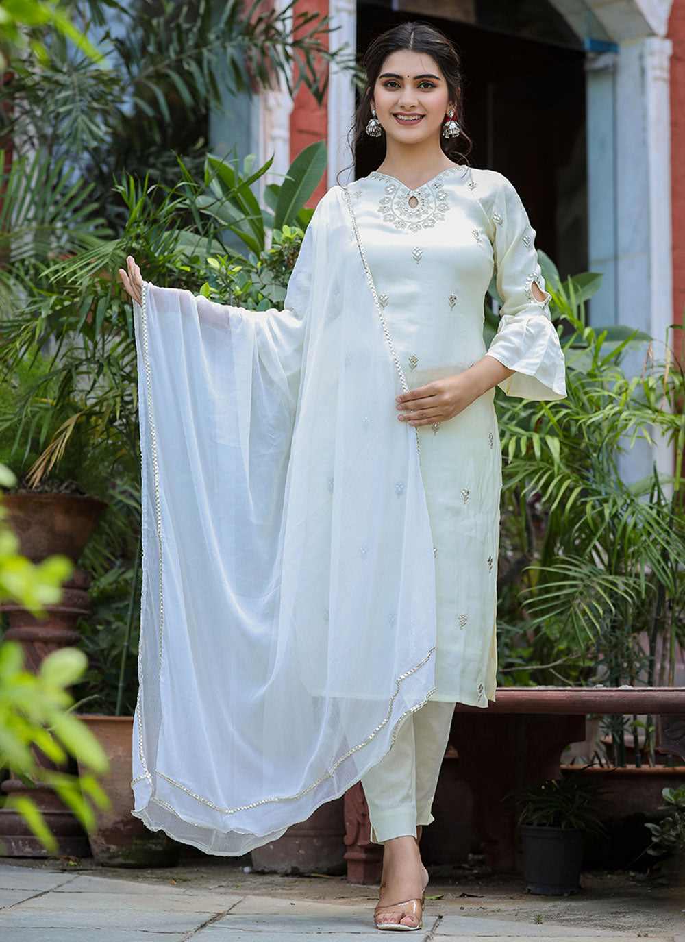 Embroidered Pant Style Suit in White – Mindhal