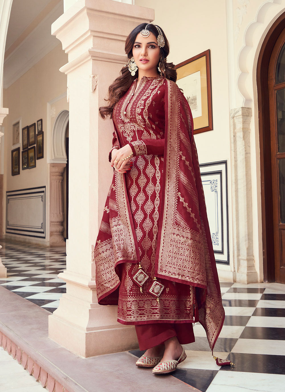 Plain Viscose Rayon Pakistani Suit in Red