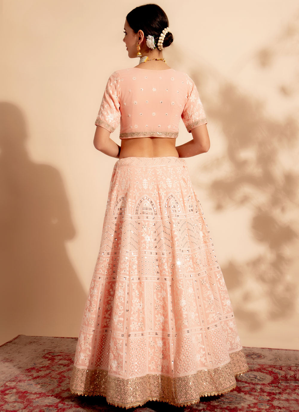 Embroidered And Sequins Work Georgette Lehenga Choli In Peach