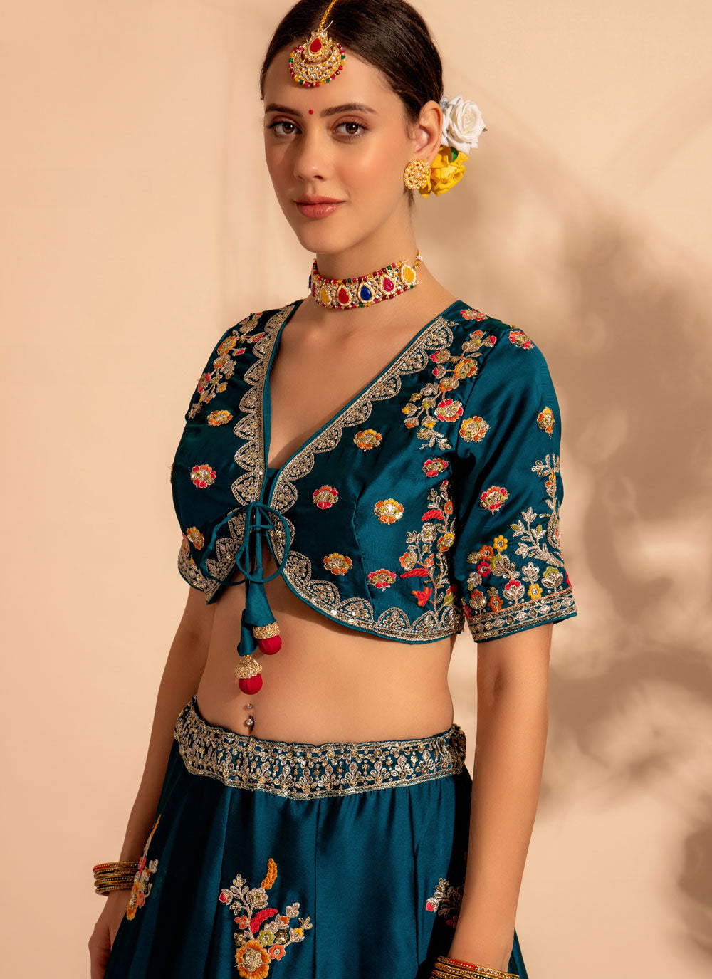 Teal Organza Lehenga Choli With Embroidered And Sequins Work For Reception