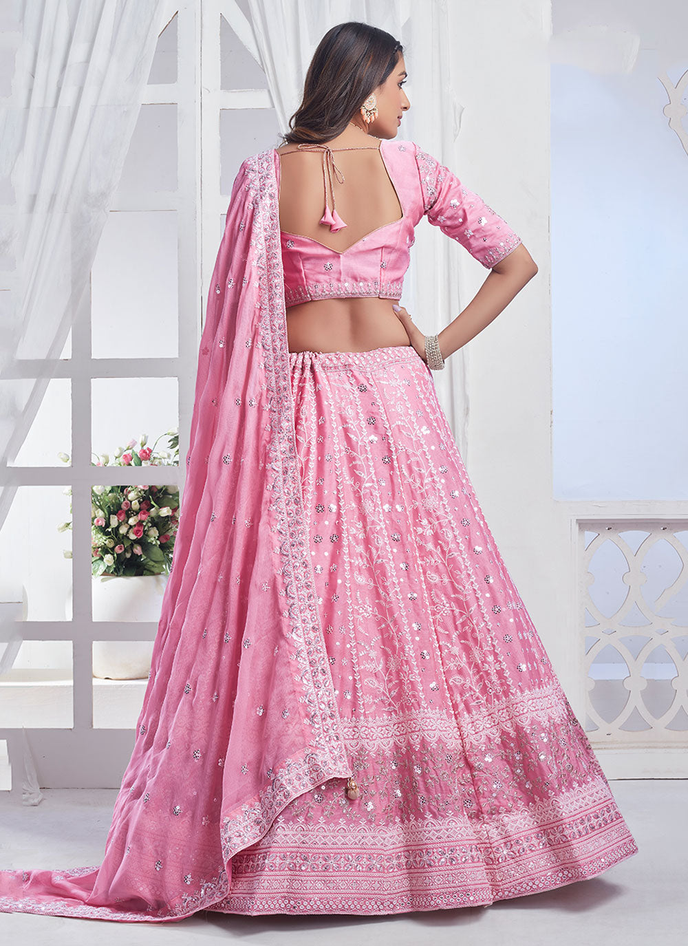 Pink Pure Chiffon Lehenga Choli With Embroidered And Sequins Work