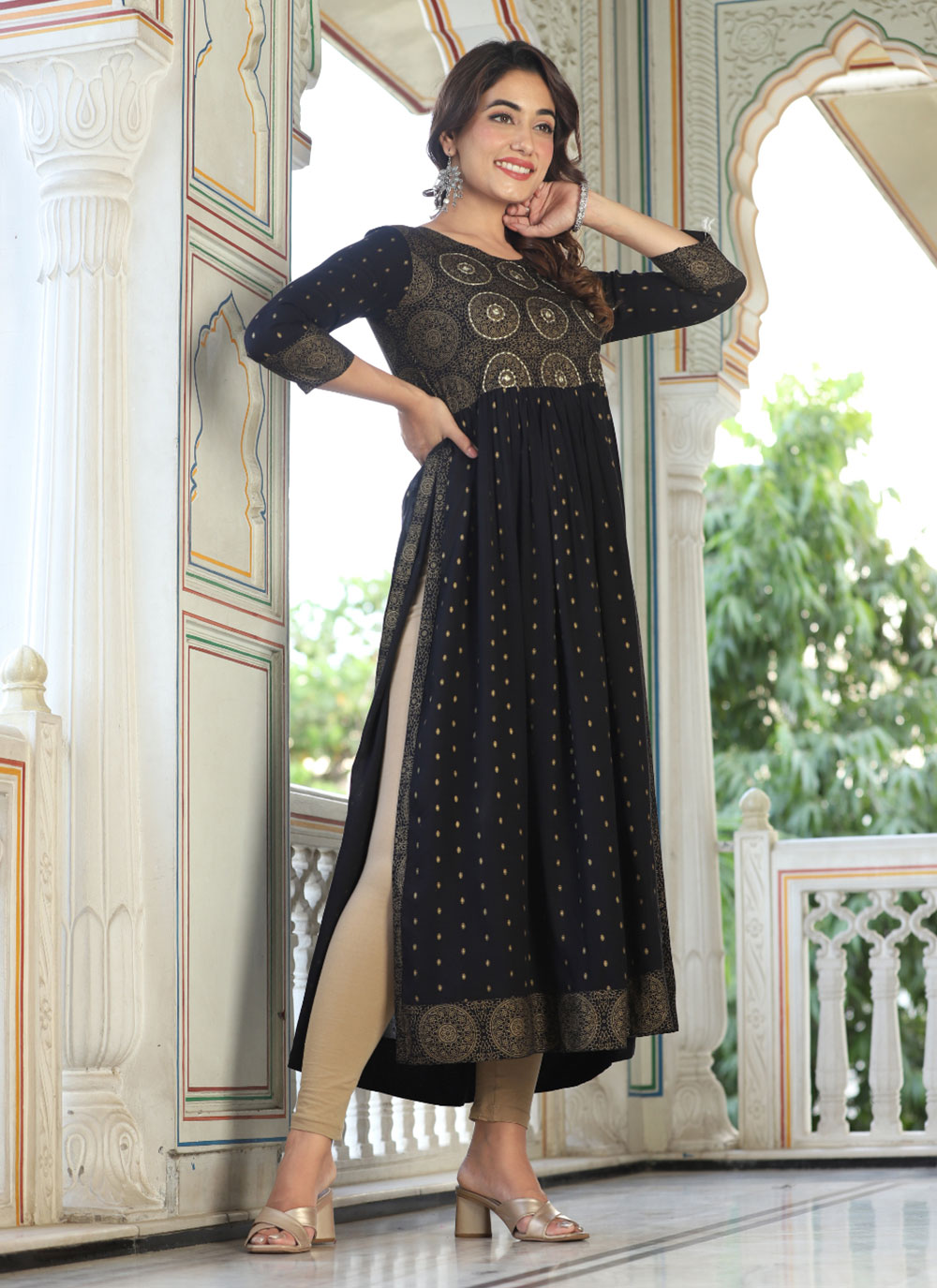 Black Viscose Party Wear Kurti With Embroidered And Print Work For Ceremonial