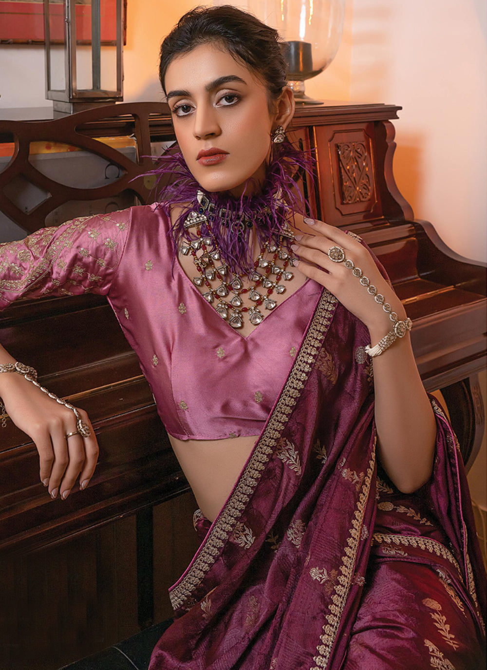 Embroidered Work Satin Contemporary Saree In Wine