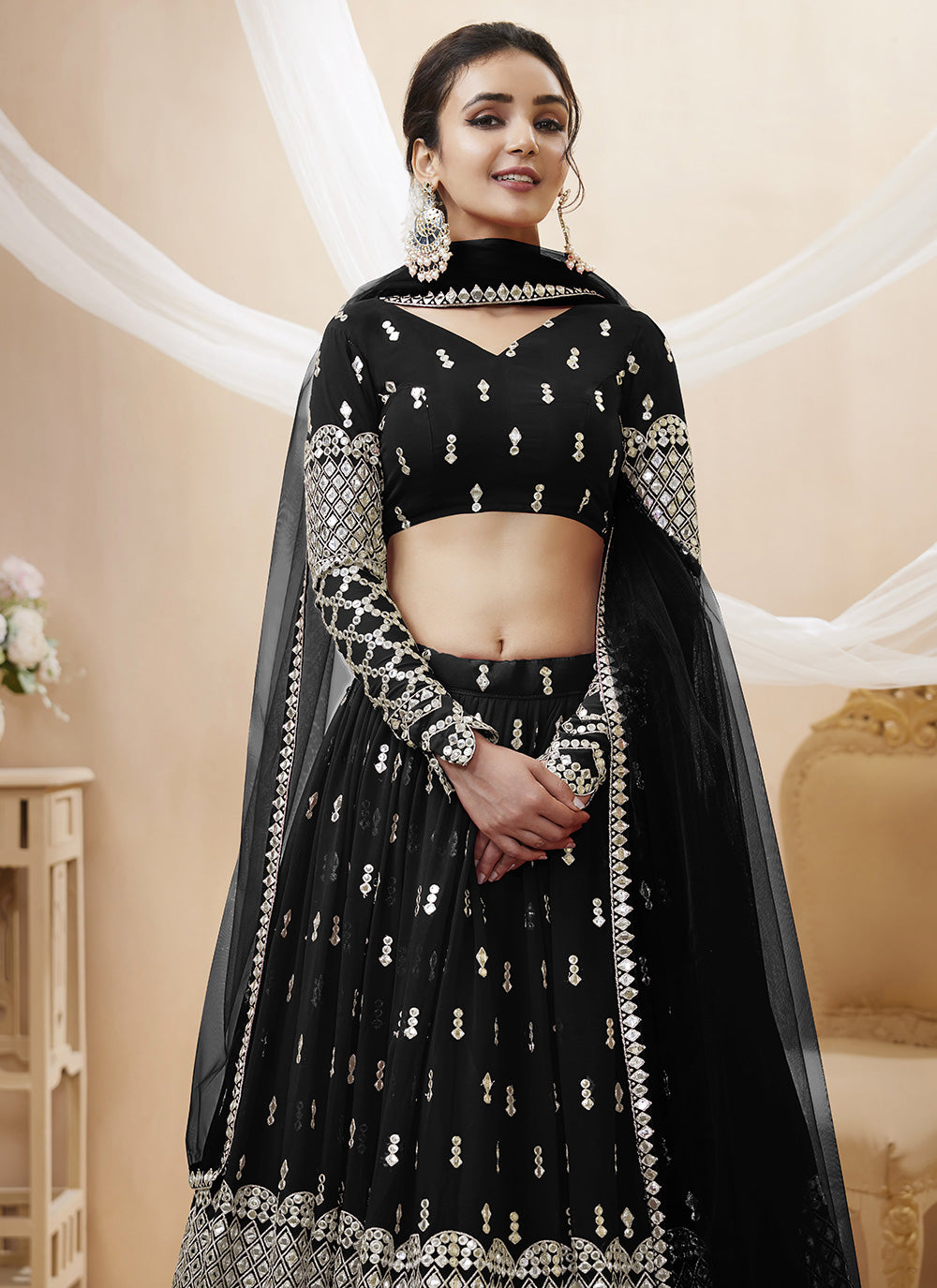 Sequins Black A Line Lehenga Choli In Wedding