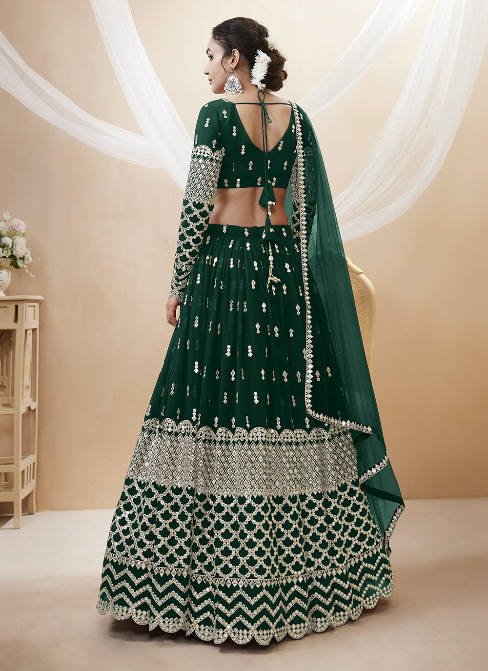 Green Sequins Georgette Designer Lehenga Choli In Mehndi
