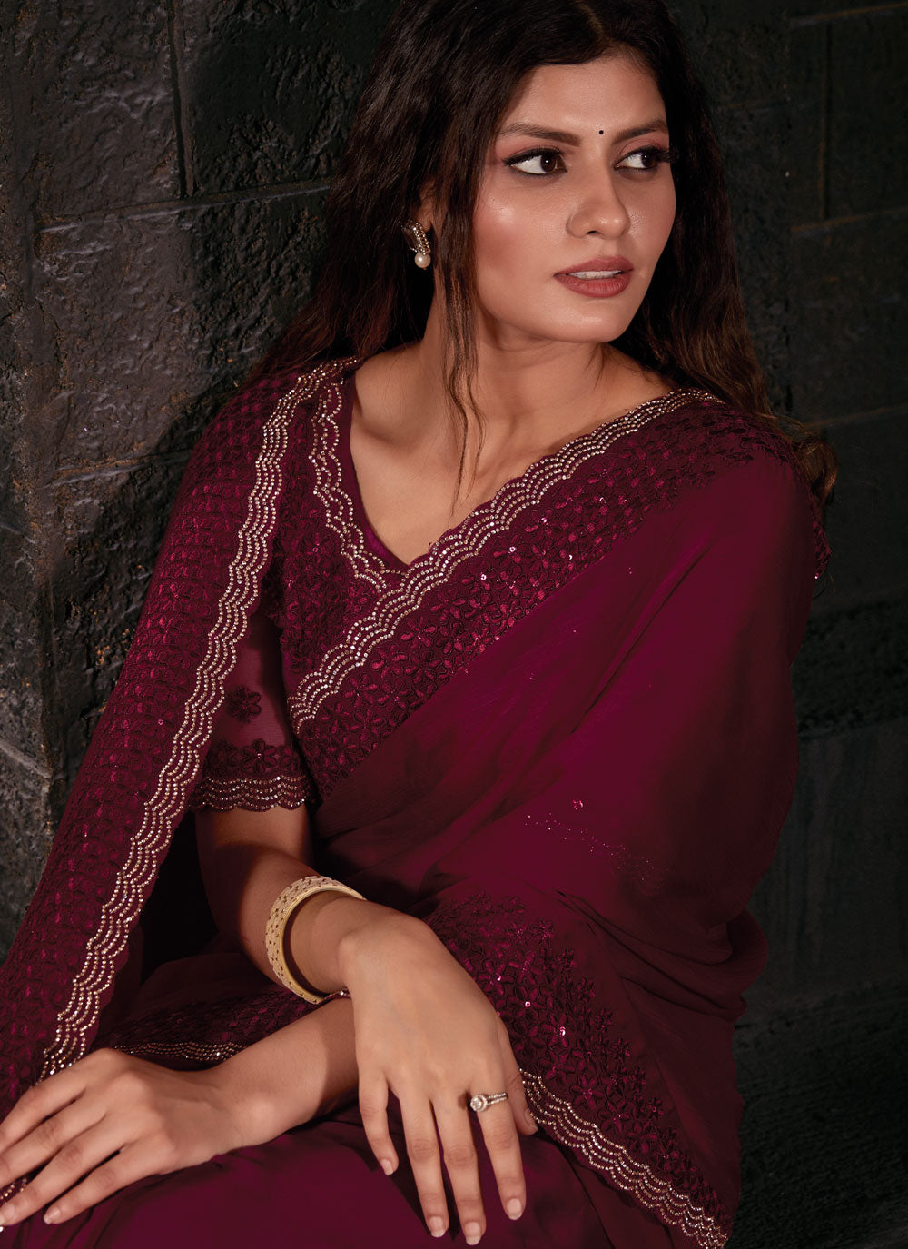 Maroon Chiffon Satin Contemporary Saree With Patch Border, Embroidered And Sequins Work