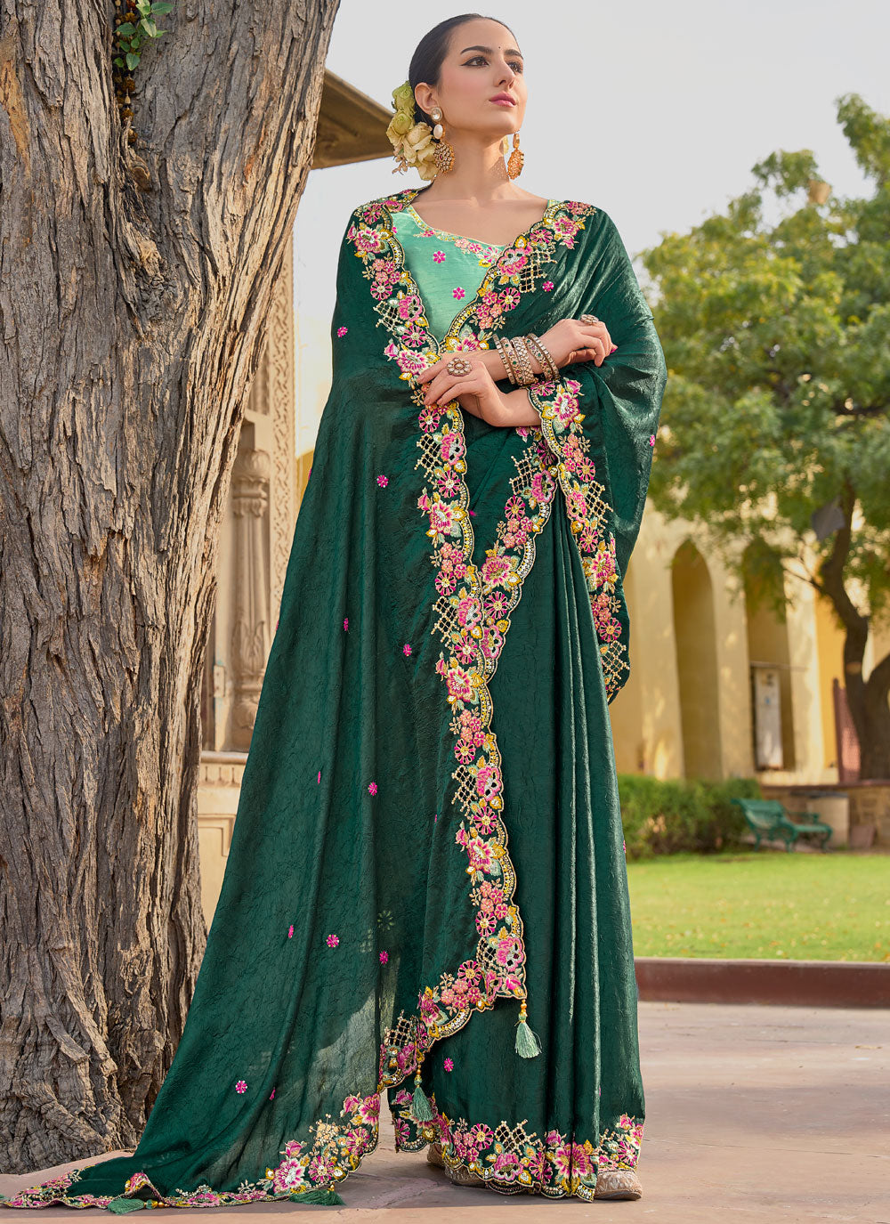 Green Organza Cut, Embroidered And Sequins Work Trendy Saree