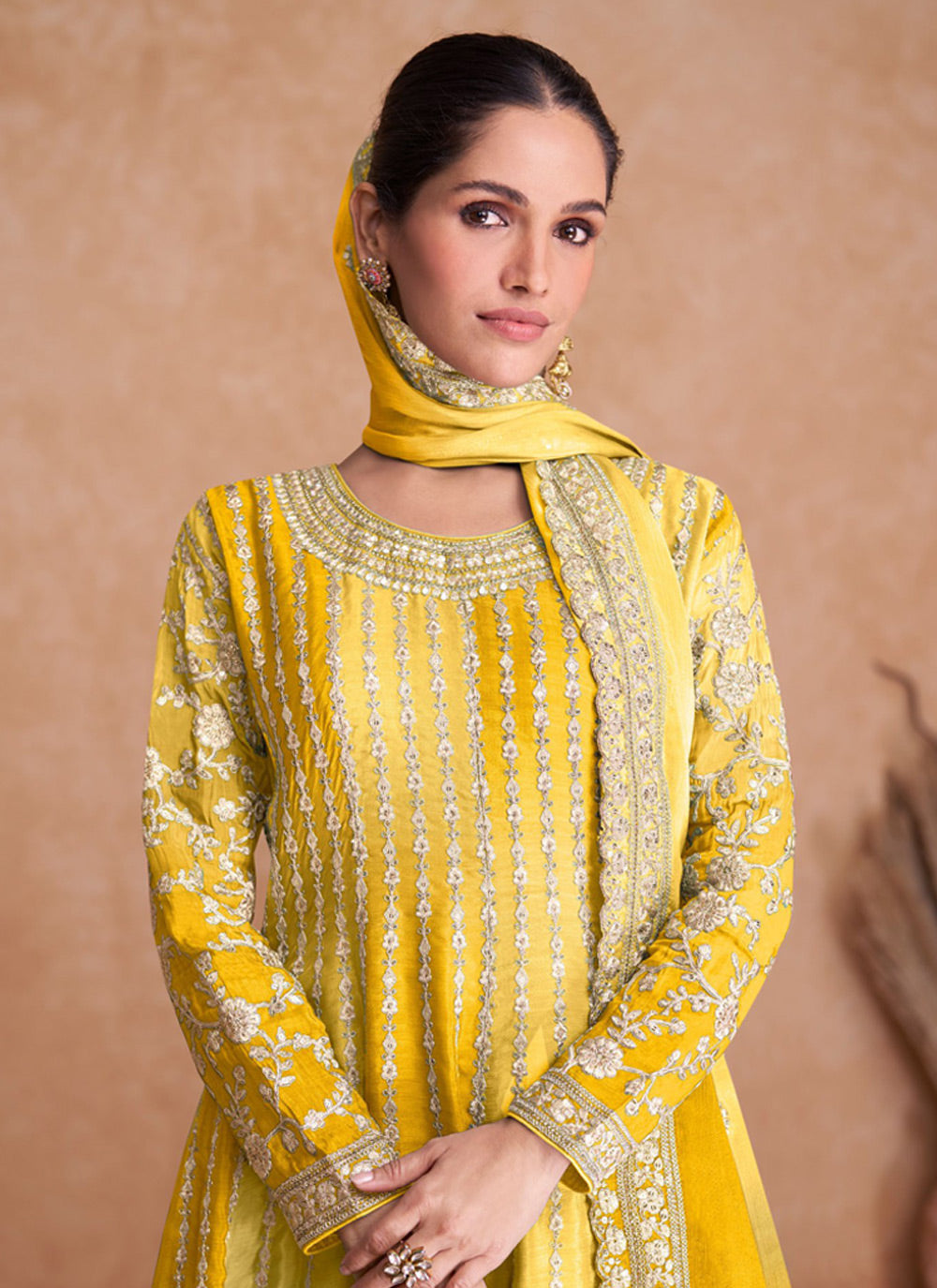 Yellow Embroidered Chinon Designer Salwar Kameez