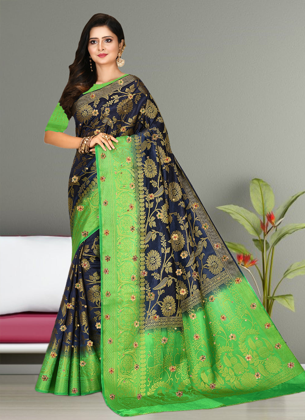 Embroidered Traditional Saree in Grey