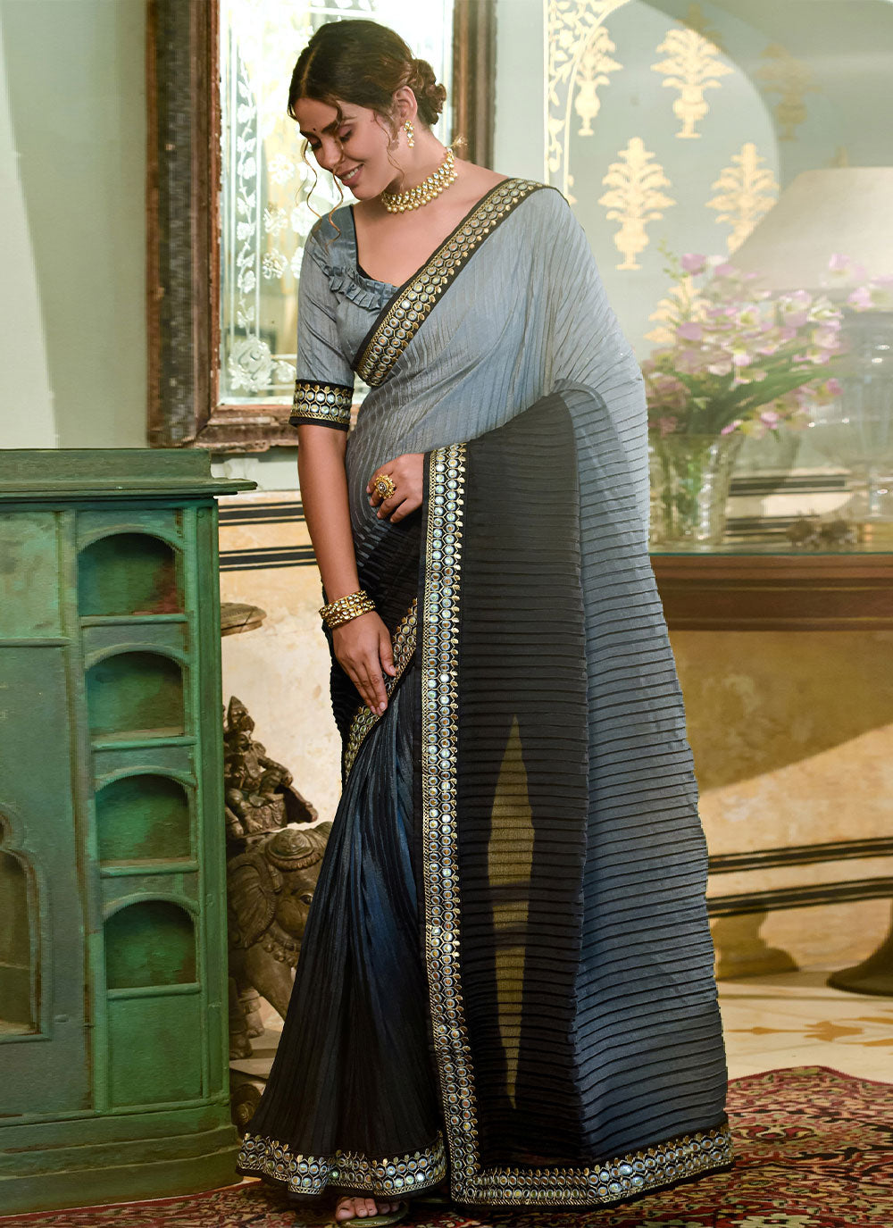 Black And Grey Embroidered Mehndi Classic Saree