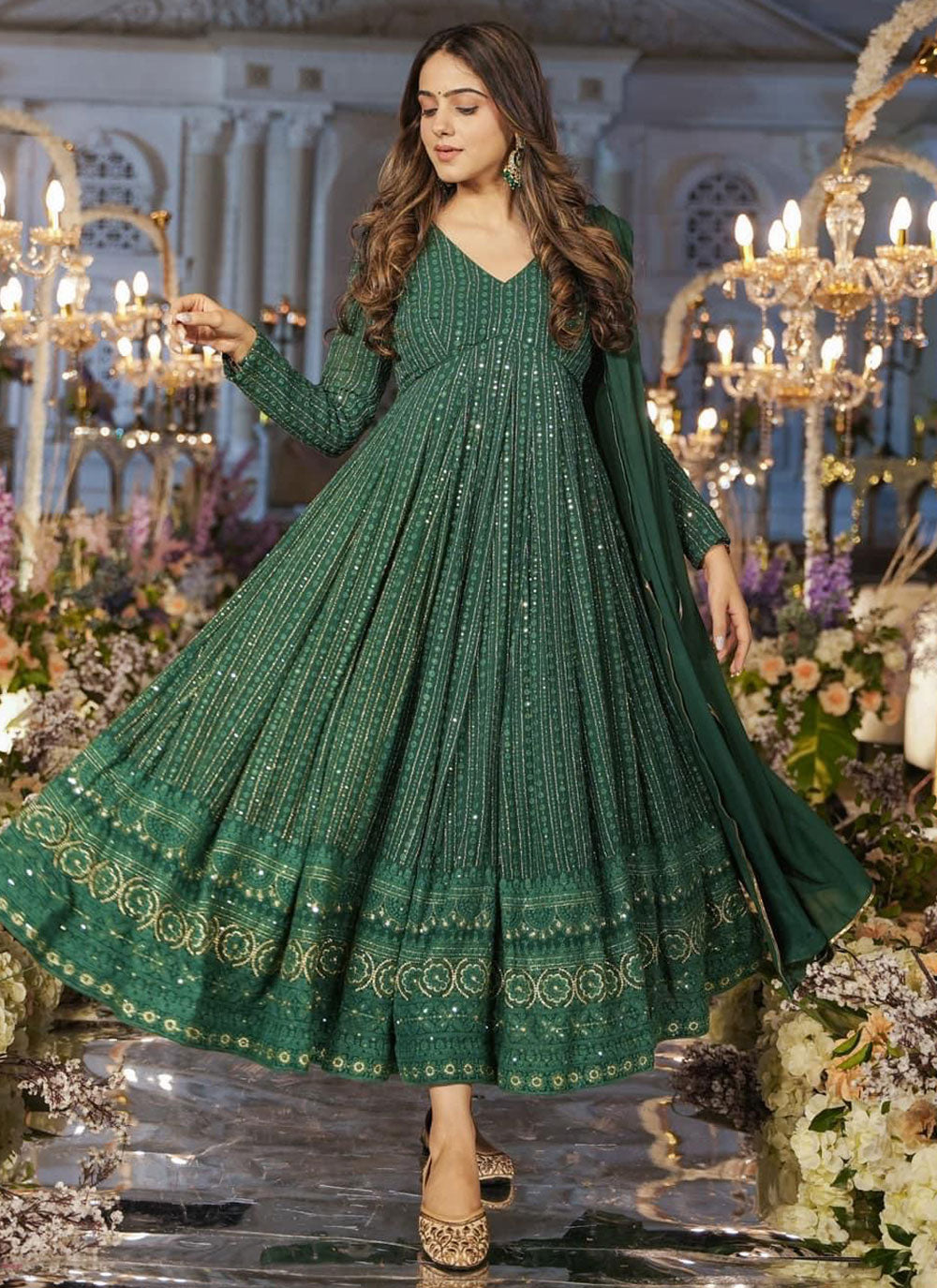 Embroidered And Sequins Work Faux Georgette Gown In Green For Engagement