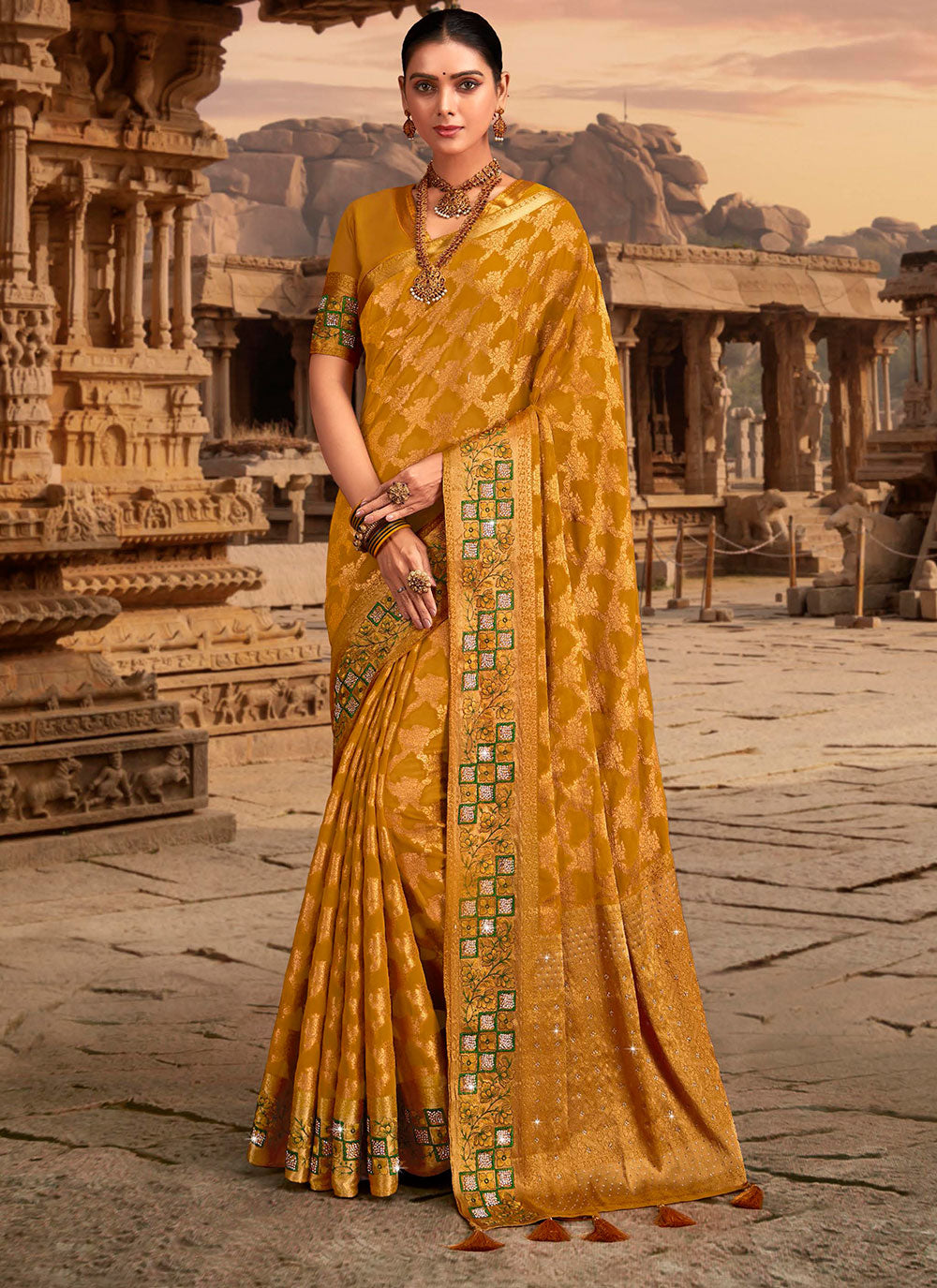 Mustard Georgette Embroidered And Weaving Work Trendy Saree For Women