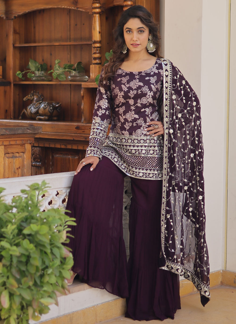 Embroidered, Sequins And Zari Work Jacquard Salwar Suit In Purple