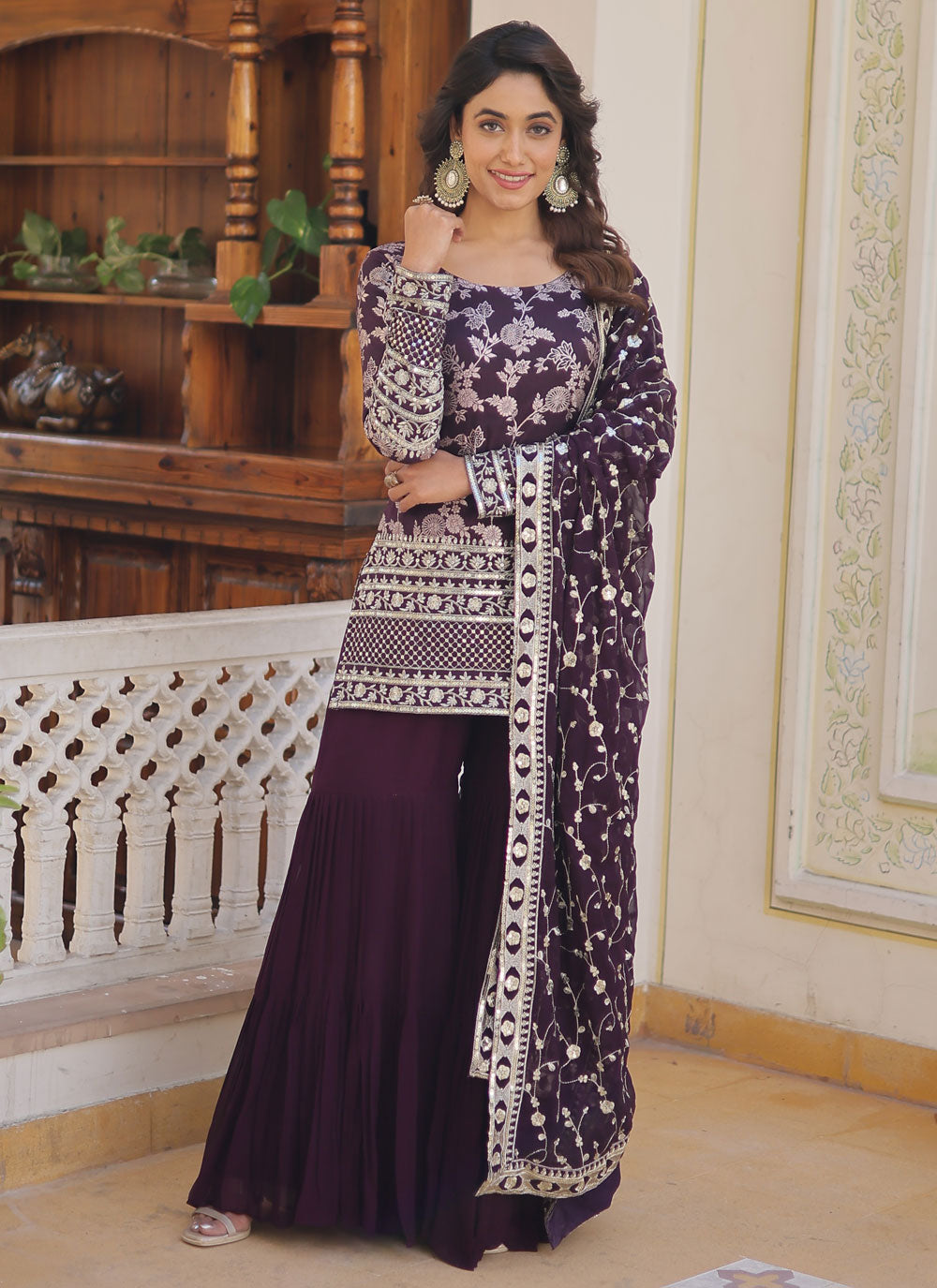 Embroidered, Sequins And Zari Work Jacquard Salwar Suit In Purple