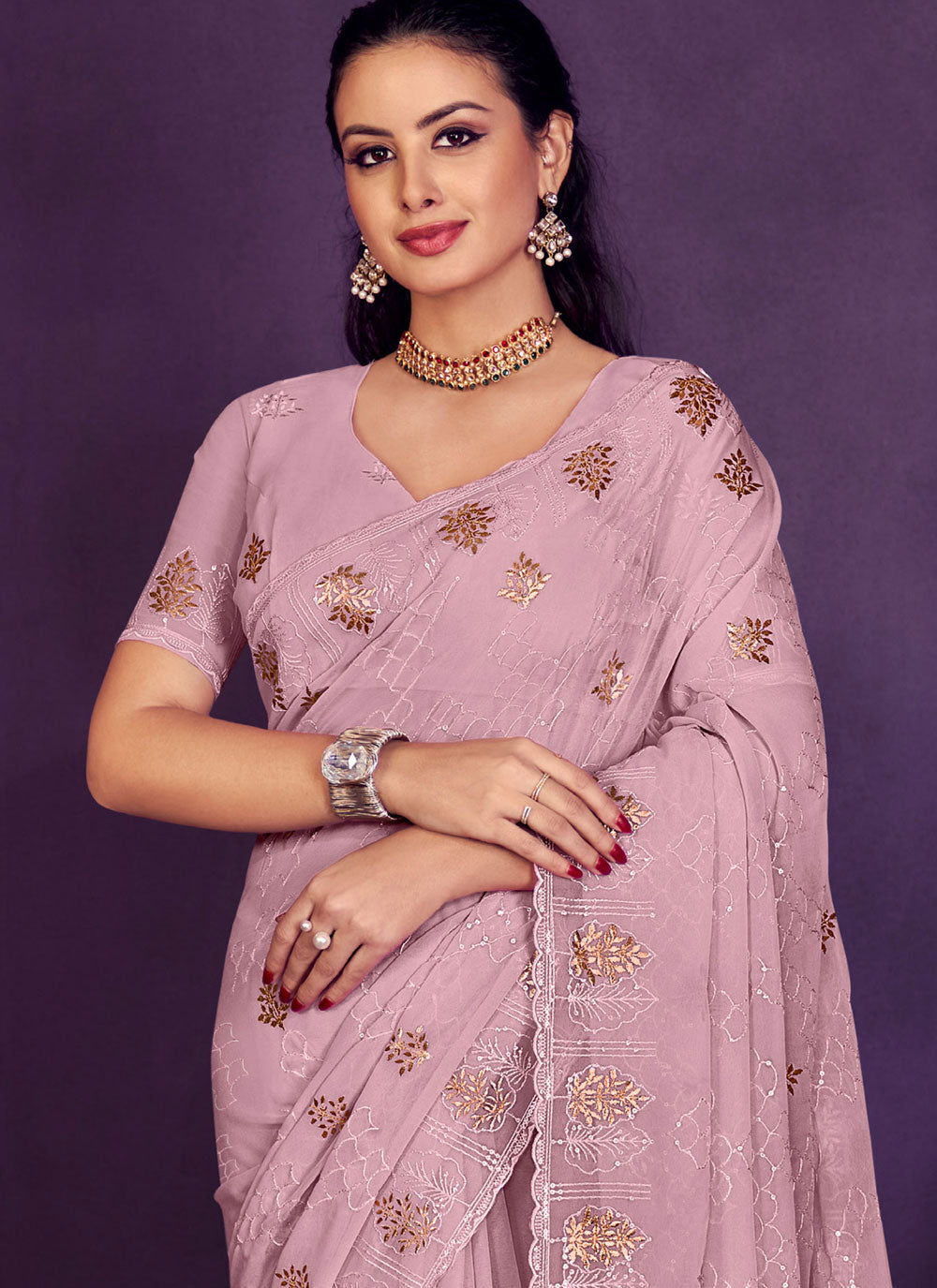 Pink Embroidered And Sequins Work Georgette Classic Saree