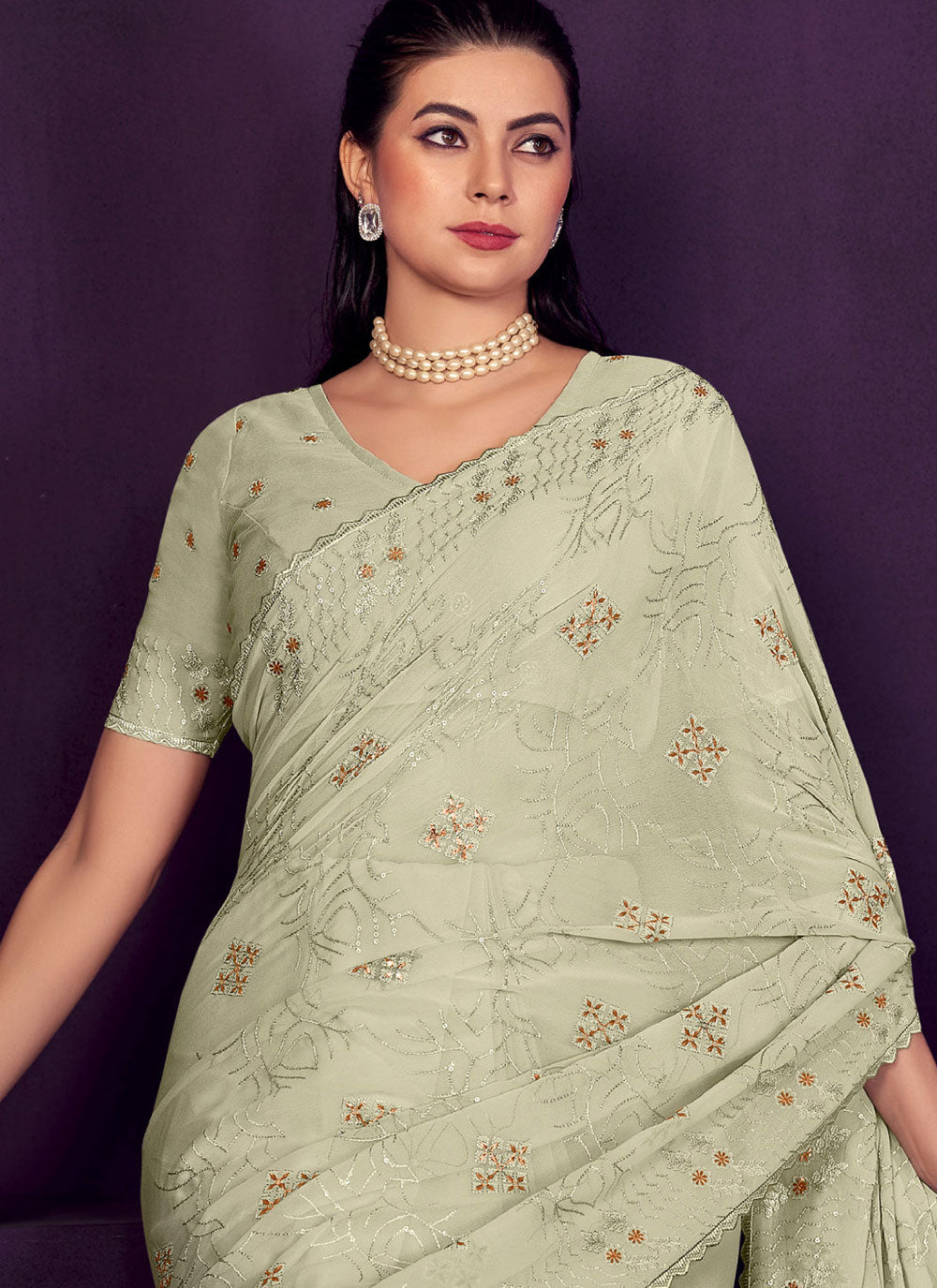 Sea Green Contemporary Saree With Embroidered And Sequins Work For Ceremonial