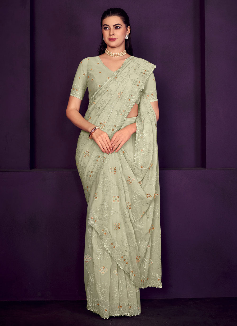 Sea Green Contemporary Saree With Embroidered And Sequins Work For Ceremonial