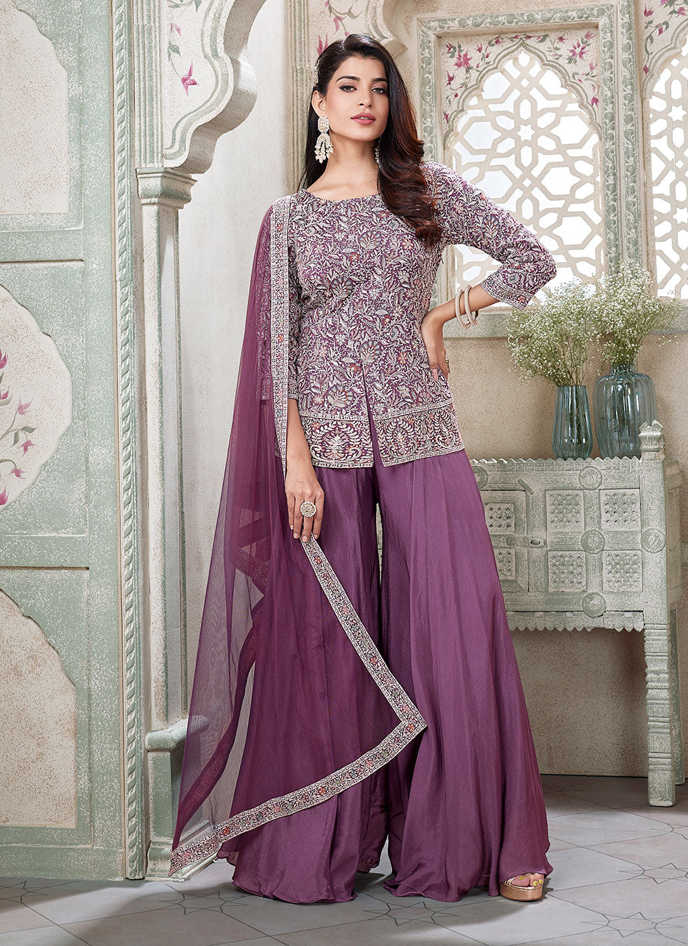 Purple Georgette Palazzo Suit With Embroidered Work