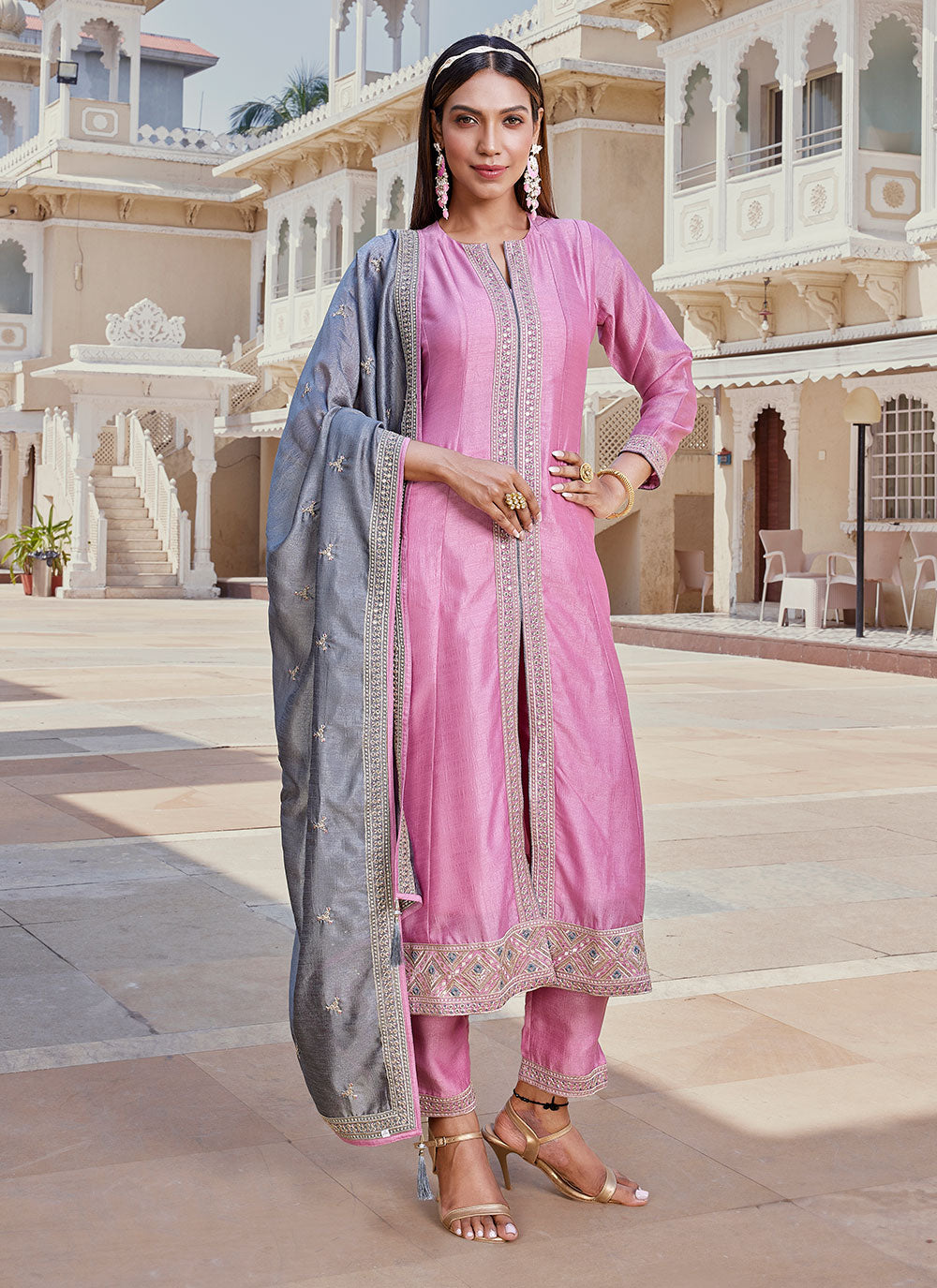Embroidered Work Silk Readymade Salwar Suit In Lavender