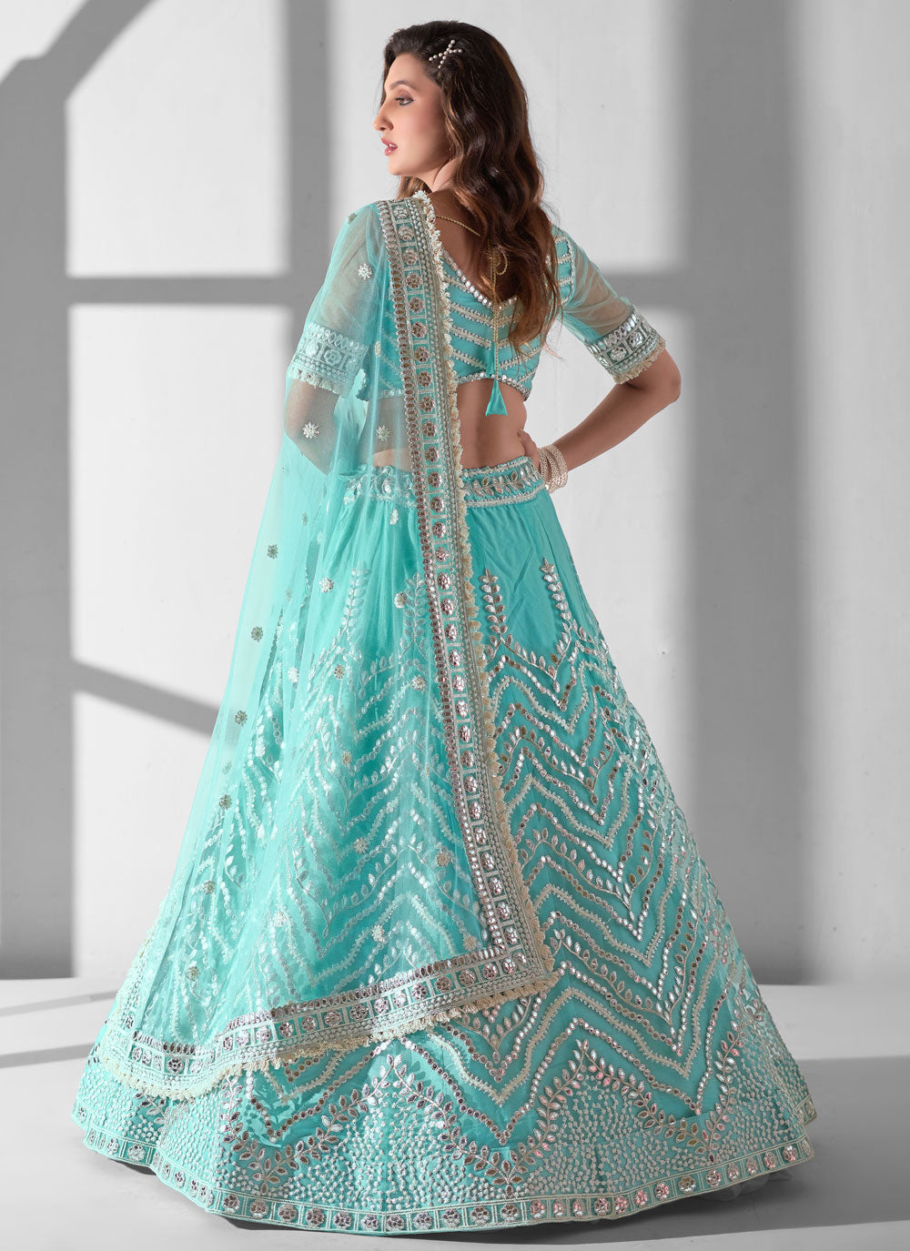 Blue Net Embroidered, Mirror And Sequins Work A - Line Lehenga Choli