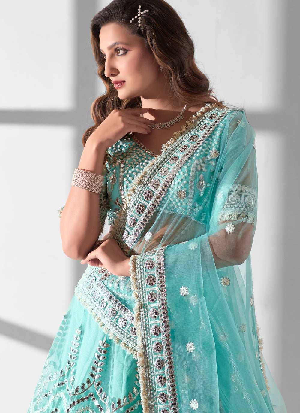 Blue Net Embroidered, Mirror And Sequins Work A - Line Lehenga Choli