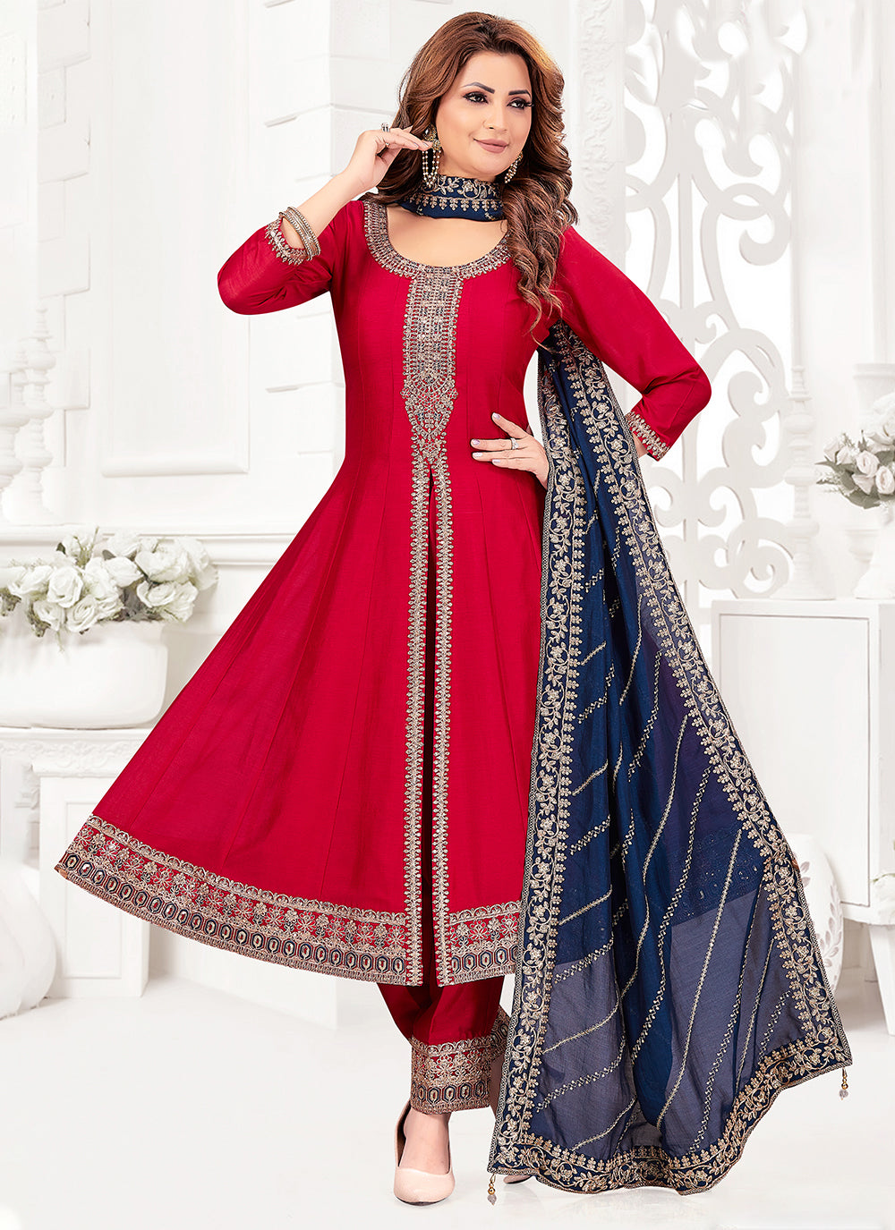 Latest Red Silk Salwar Suit With Embroidered Work