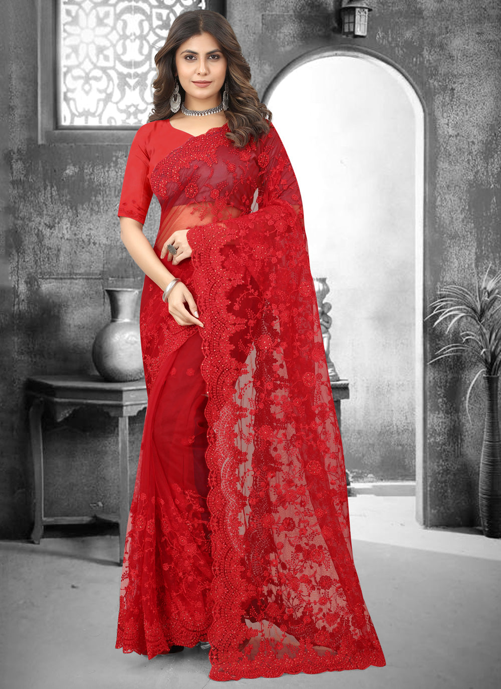 Red Embroidered Designer Saree