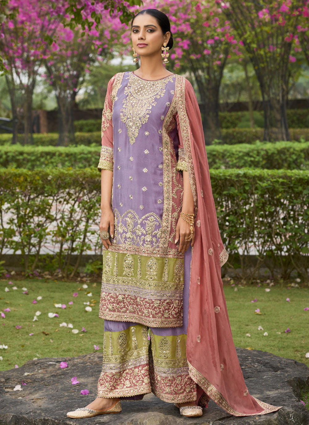 Embroidered Chinon Palazzo Salwar Suit In Purple
