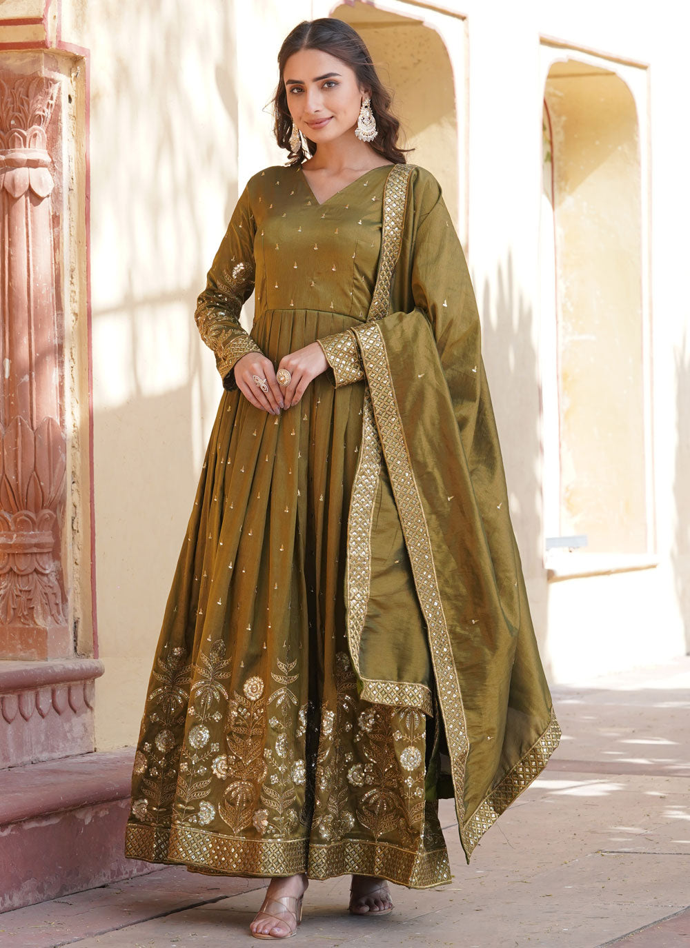 Green Embroidered, Sequins And Zari Work Viscose Designer Gown
