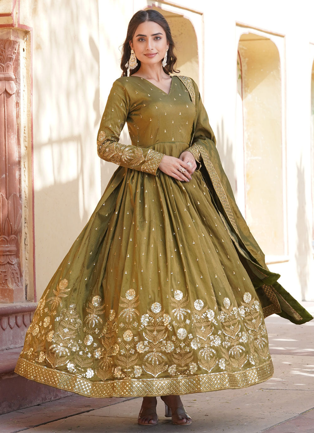 Green Embroidered, Sequins And Zari Work Viscose Designer Gown
