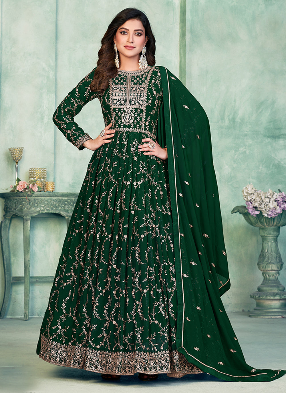 Anarkali Suit Embroidered Faux Georgette In Green
