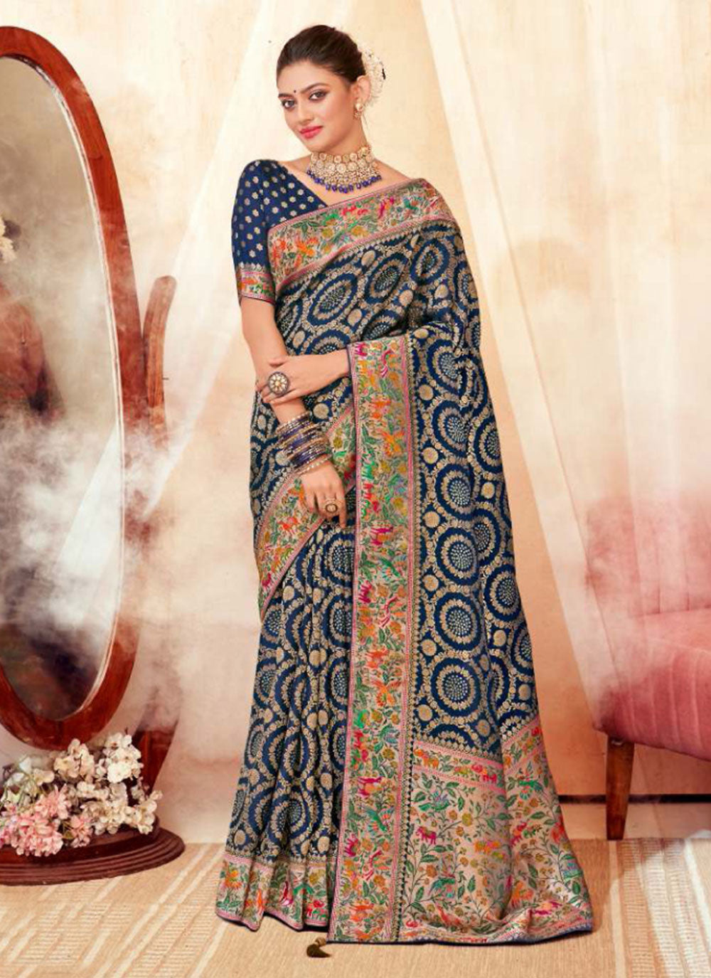 Woven Work Silk Classic Sari In Blue