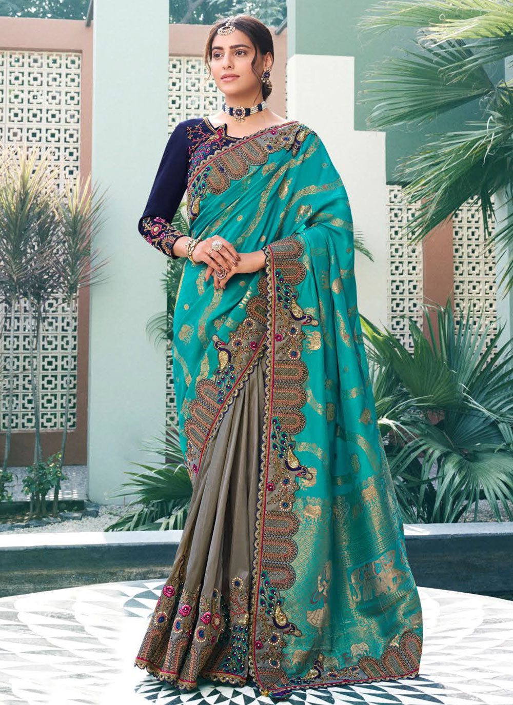 Silk Designer Saree In Aqua Blue And Brown
