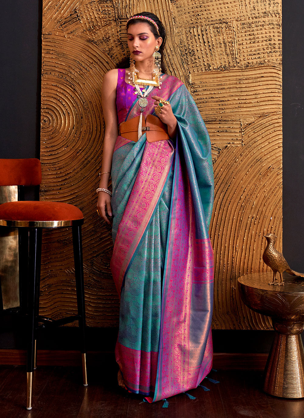 Handloom Silk Classic Sari In Aqua Blue