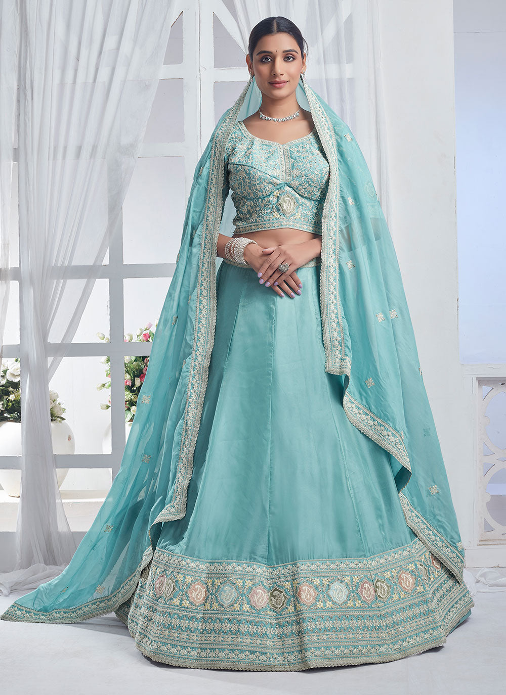 Organza Lehenga Choli With Embroidered And Sequins Work