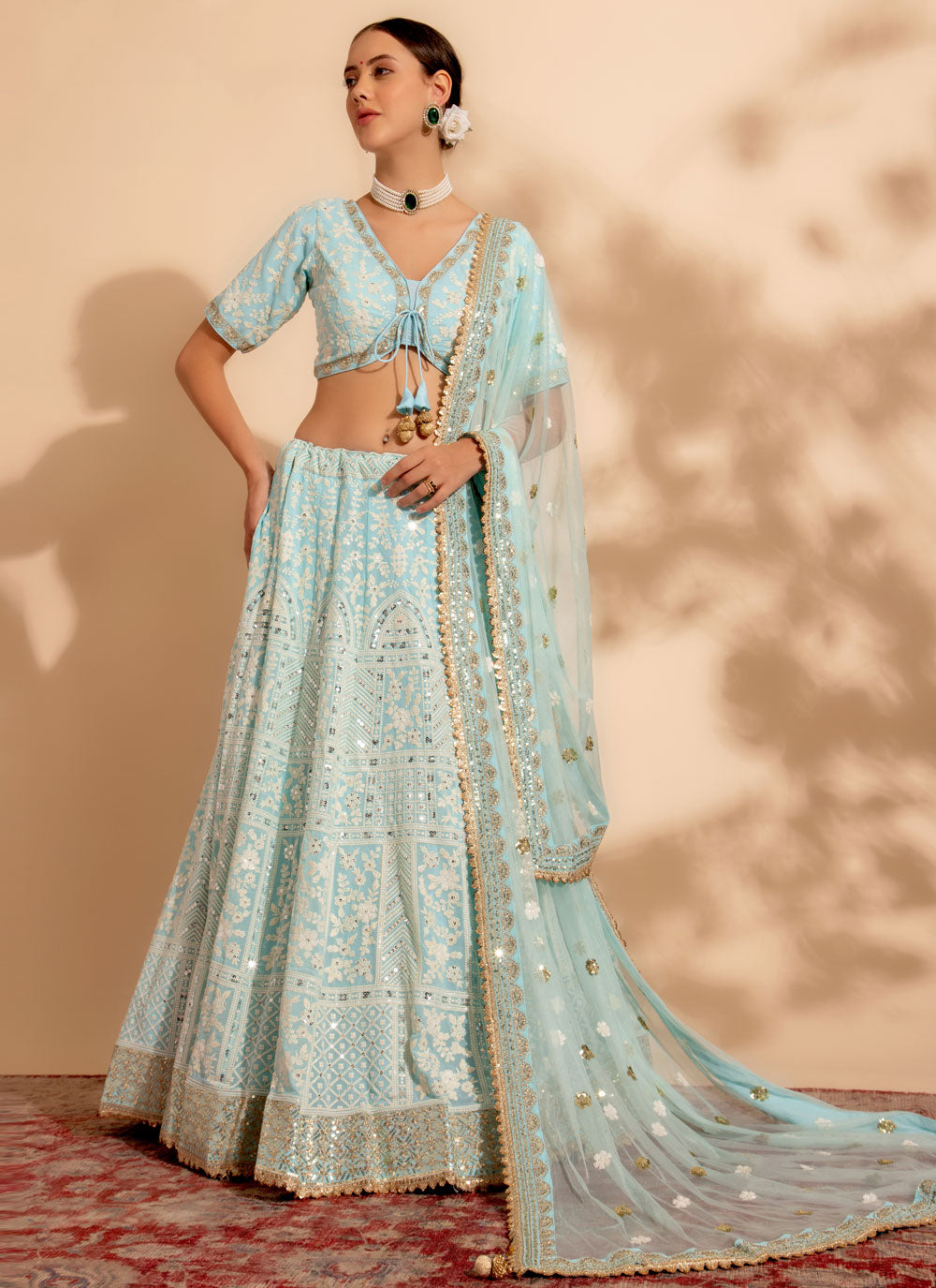Georgette Readymade Lehenga Choli With Embroidered And Sequins Work