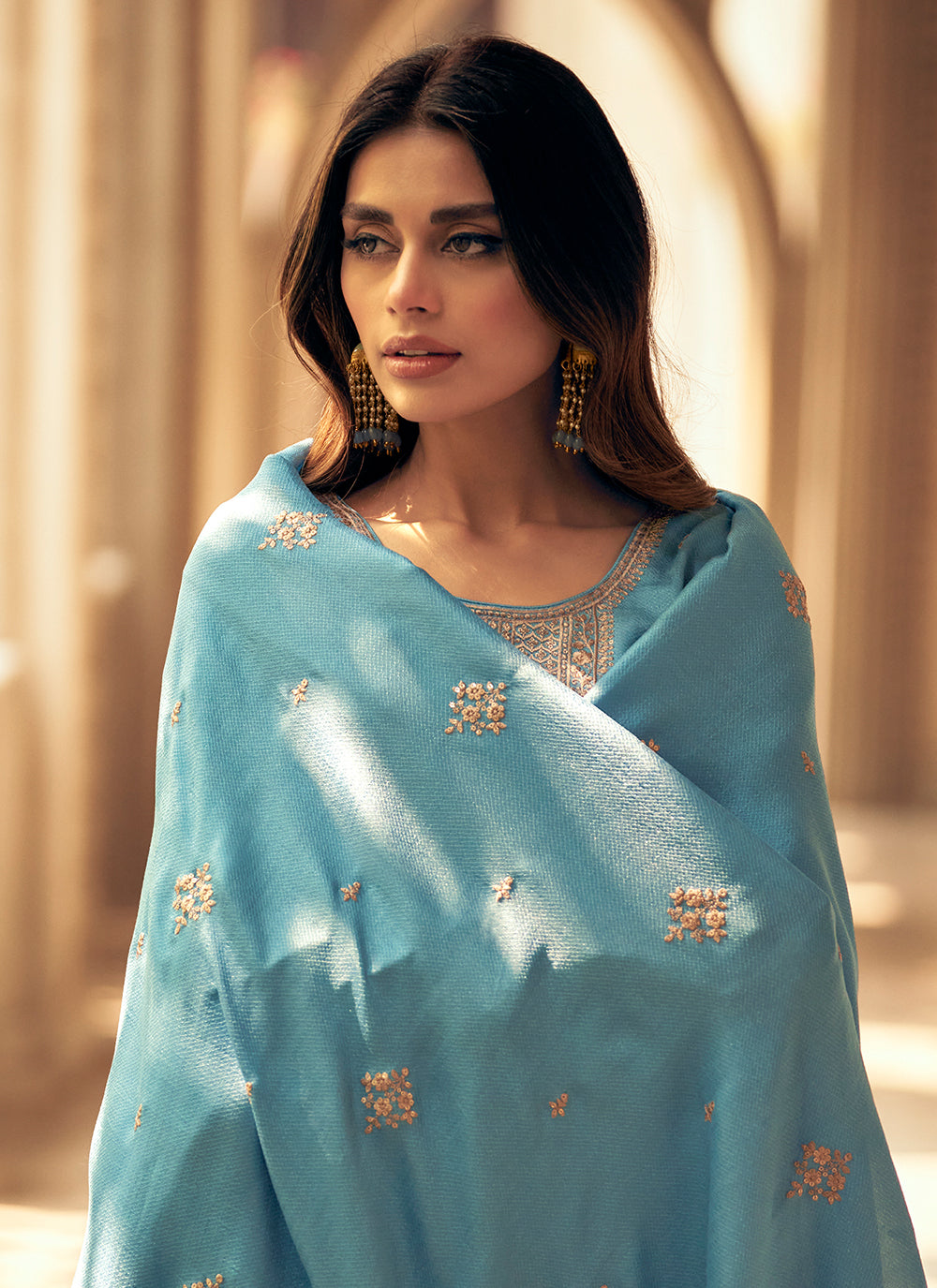 Aqua Blue Silk Embroidered Salwar Kameez