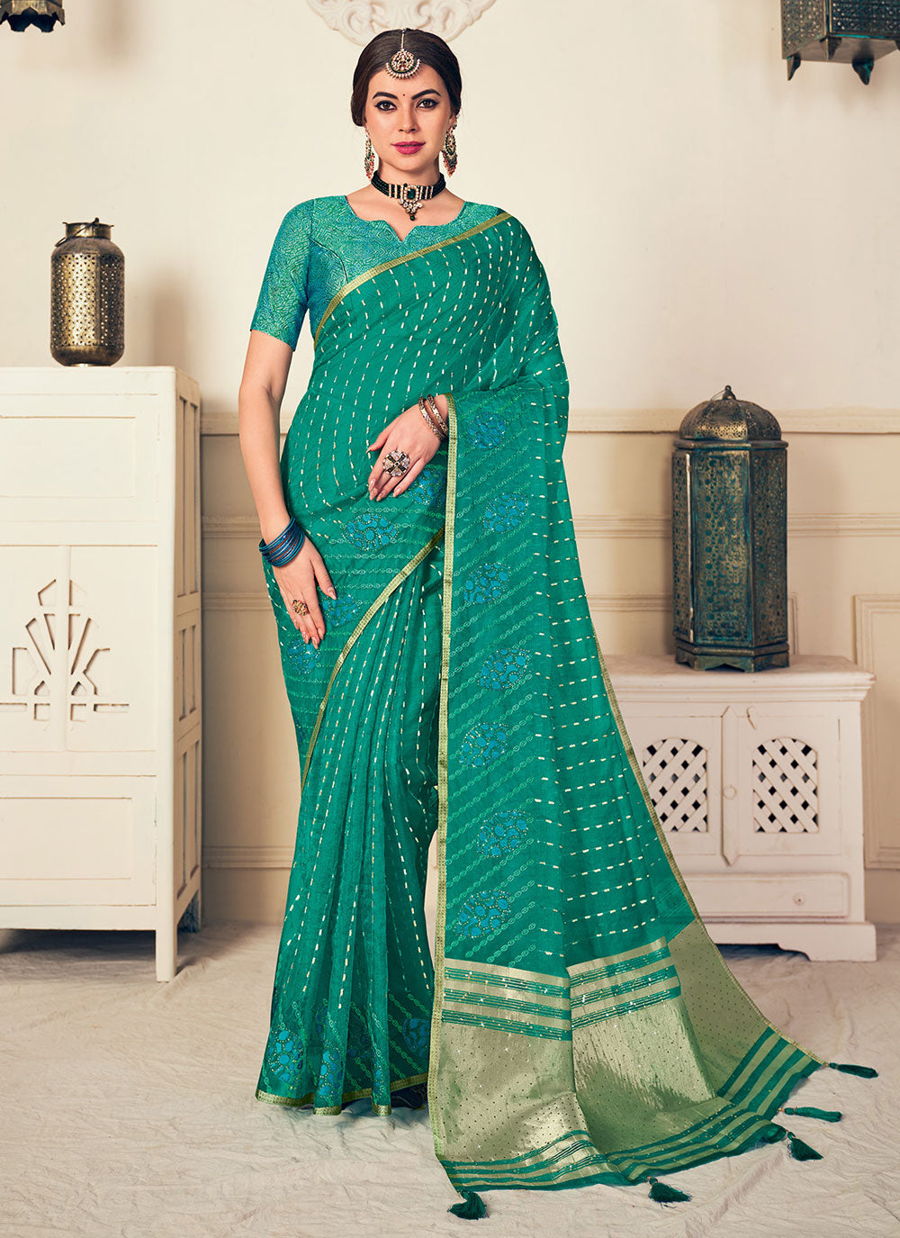 Aqua Blue Embroidered And Woven Work Silk Classic Sari
