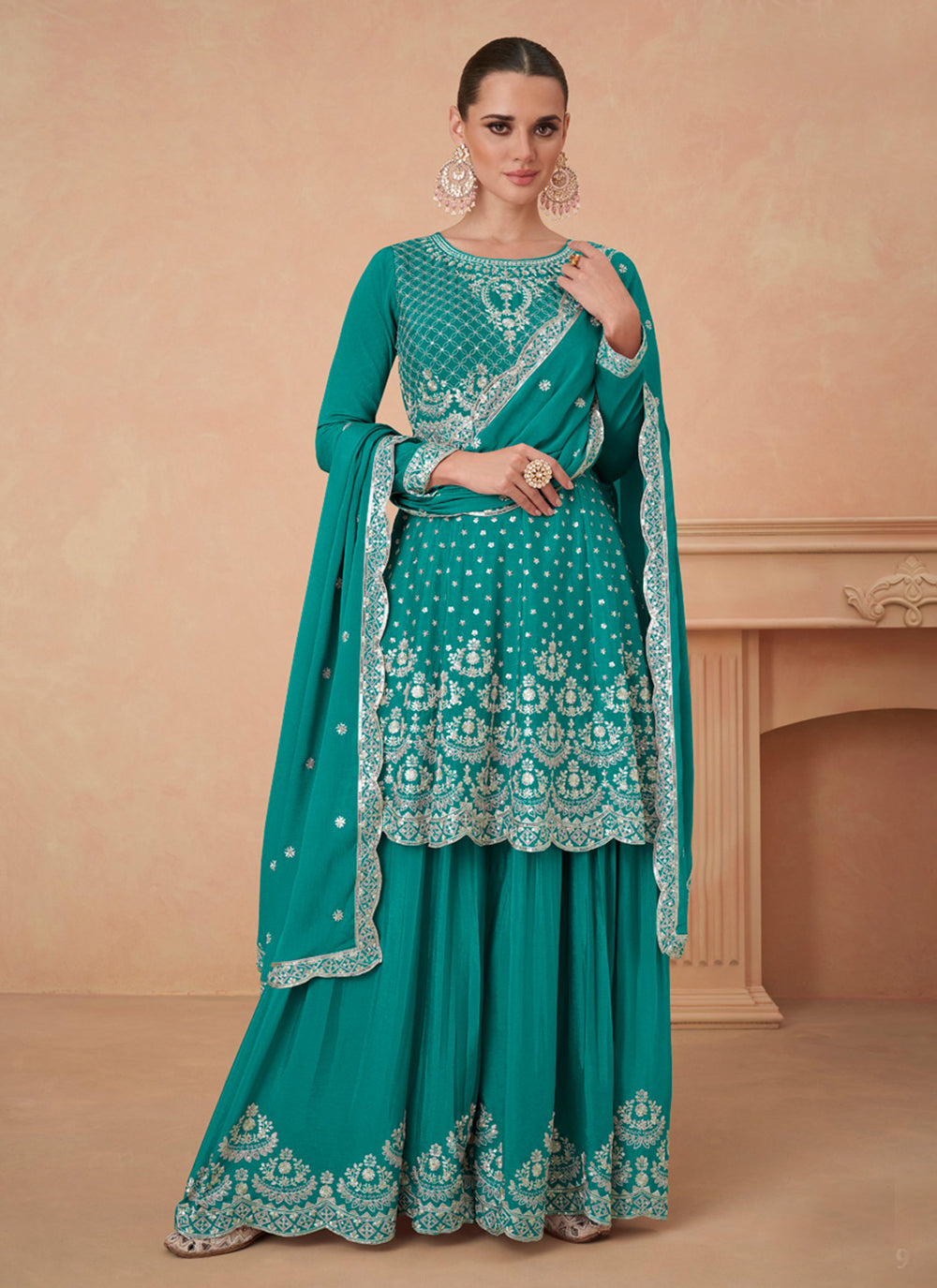 Aqua Blue Palazzo Salwar Suit With Embroidered And Sequins Work For Ceremonial