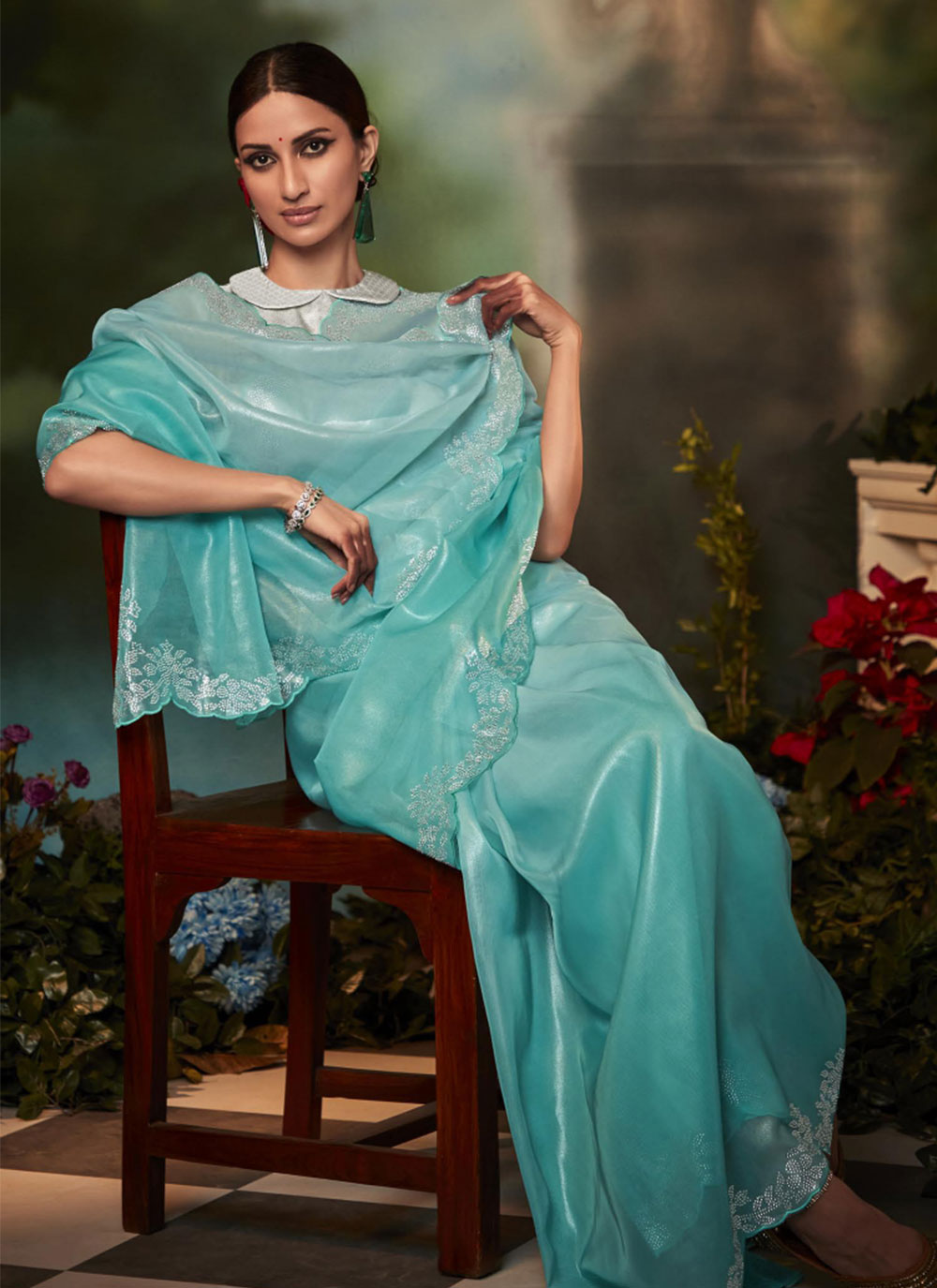Aqua Blue Traditional Saree in Silk