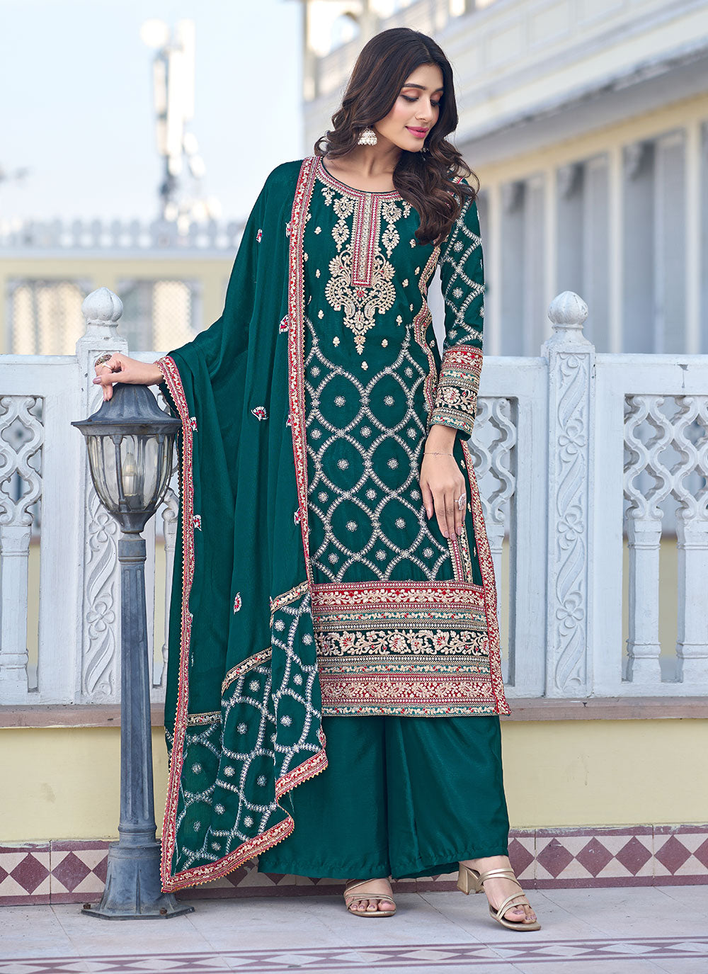 Chinon Palazzo Salwar Suit With Embroidered Work