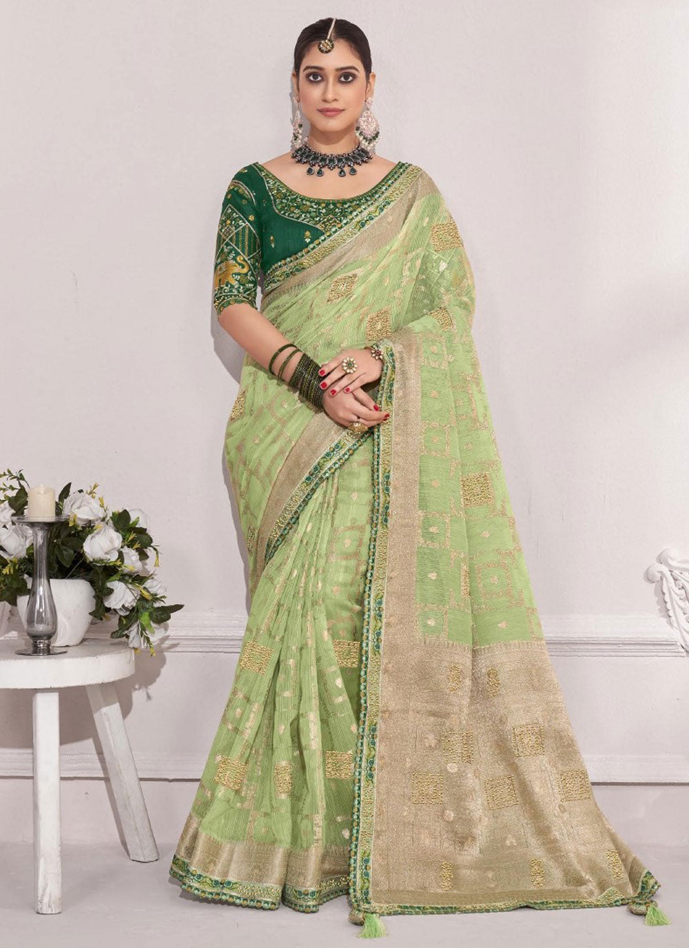 Green Trendy Saree With Embroidered And Weaving Work