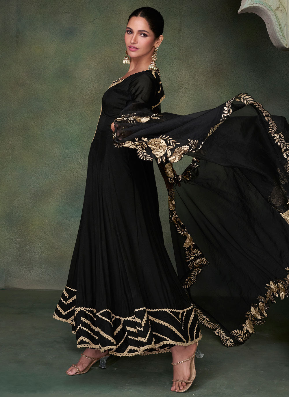 Black Pure Silk Embroidered Work Indian Gown For Ceremonial