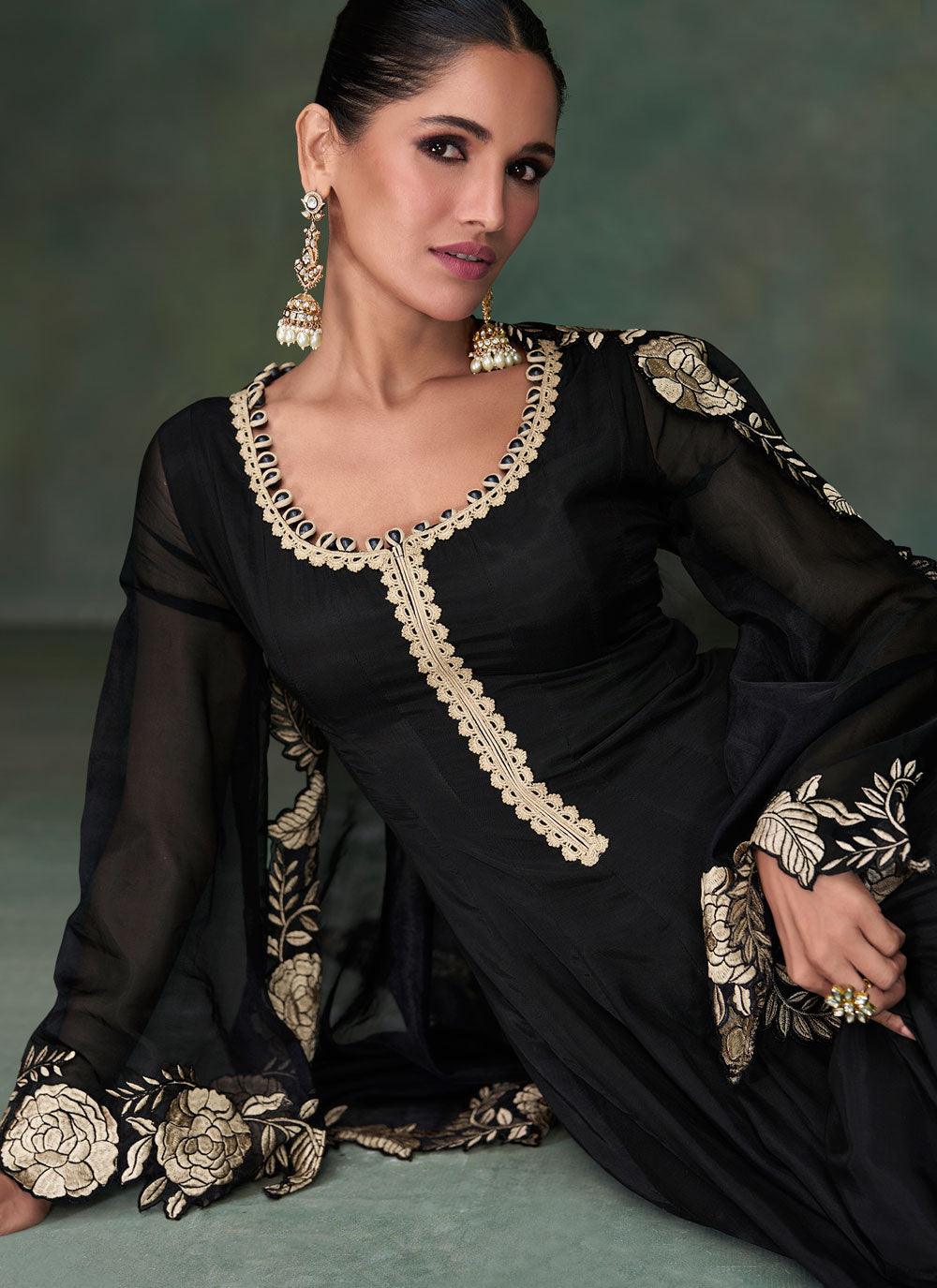 Black Pure Silk Embroidered Work Indian Gown For Ceremonial