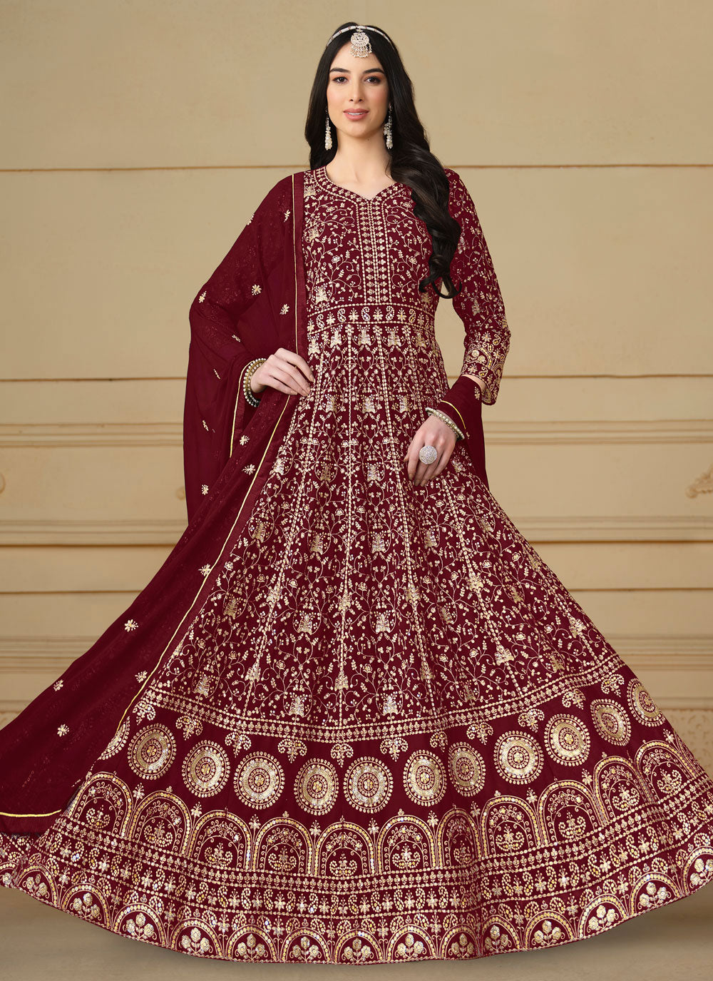 Maroon Faux Georgette Salwar Suit With Embroidered And Sequins Work