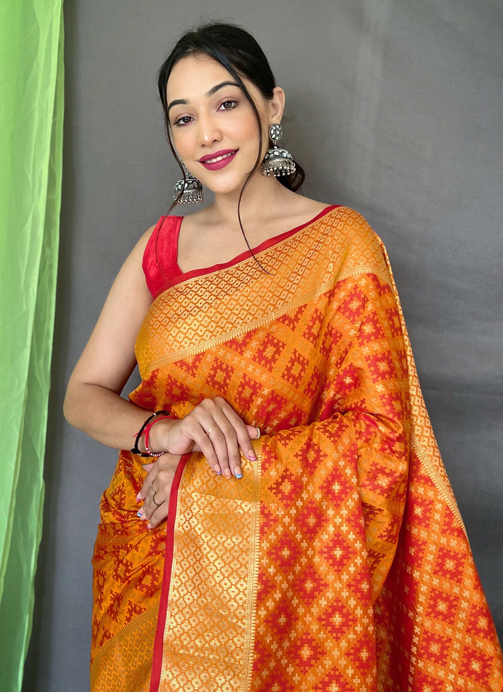 Orange Bandhej Silk Contemporary Saree